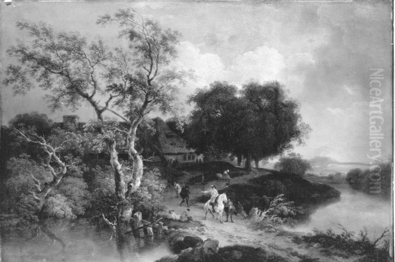 Landschaft mit Reiter auf einem Weg zwischen zwei Seen Oil Painting by Ferdinand Kobell