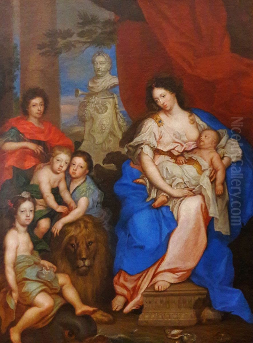 Portrait of Queen Marie Casimire with children. Oil Painting by Claude Callot