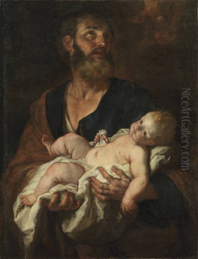 Hl. Josef mit dem Christkind Oil Painting by Johann Carl Loth