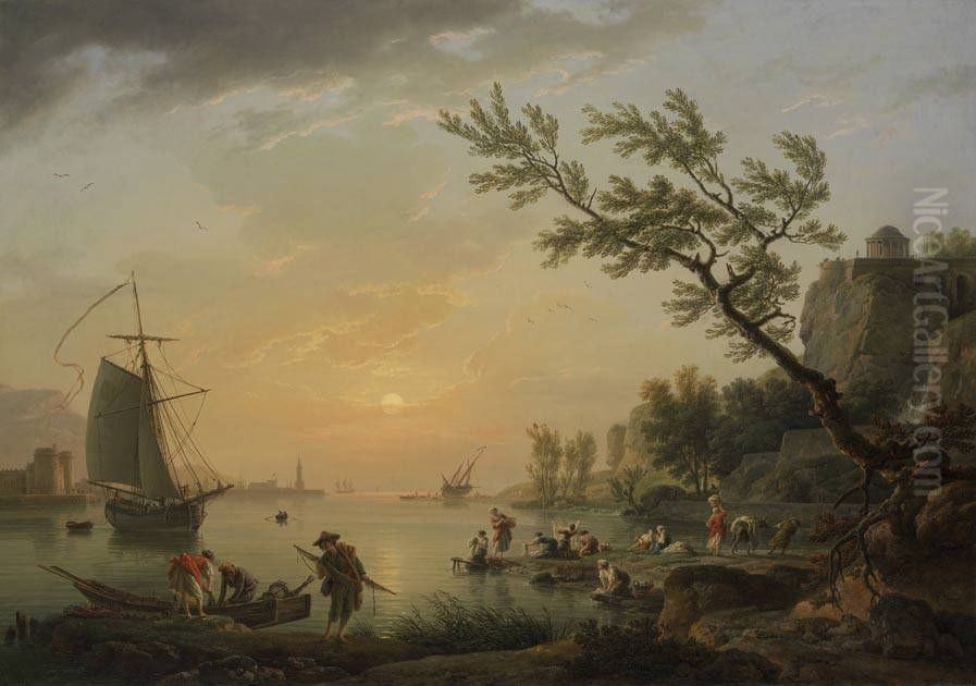 Seehafen bei Sonnenuntergang Oil Painting by Joseph Vernet