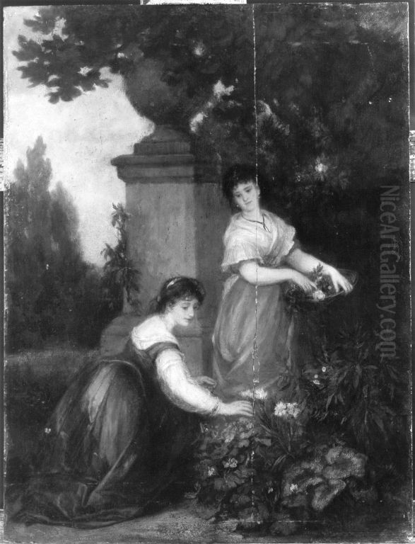 Zwei Madchen mit Blumen Oil Painting by Ludwig Von Hagn