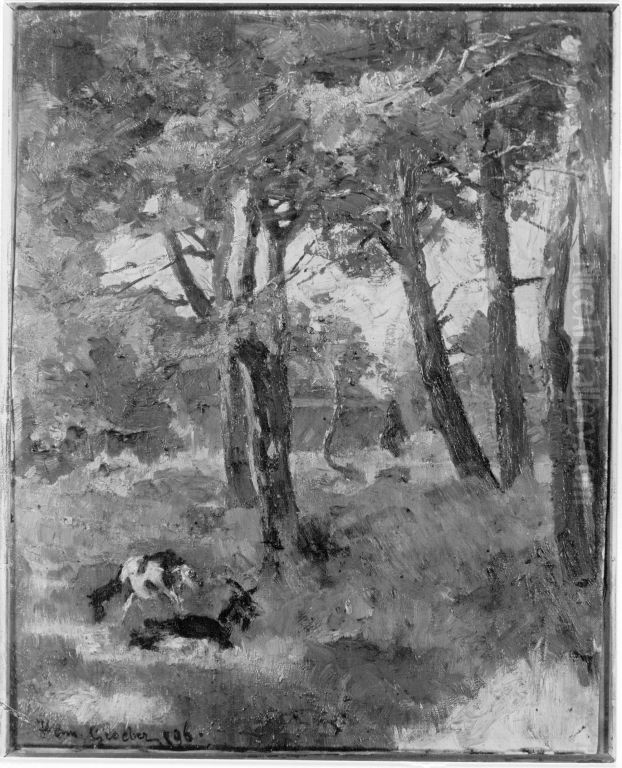 Wald mit zwei Ziegen Oil Painting by Hermann Groeber