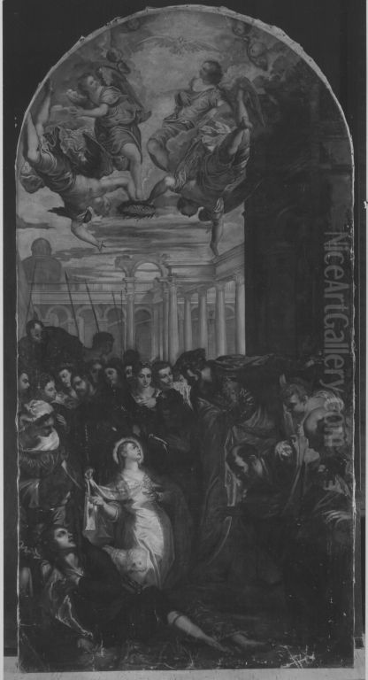 Die hl. Agnes erweckt den Sohn des Prafekten zum Leben (nach Tintoretto) Oil Painting by August Wolf