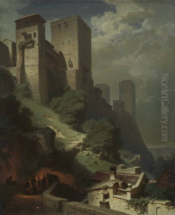 Ansicht des Comares-Turmes auf der Alhambra bei Mondschein Oil Painting by Eduard Gerhardt
