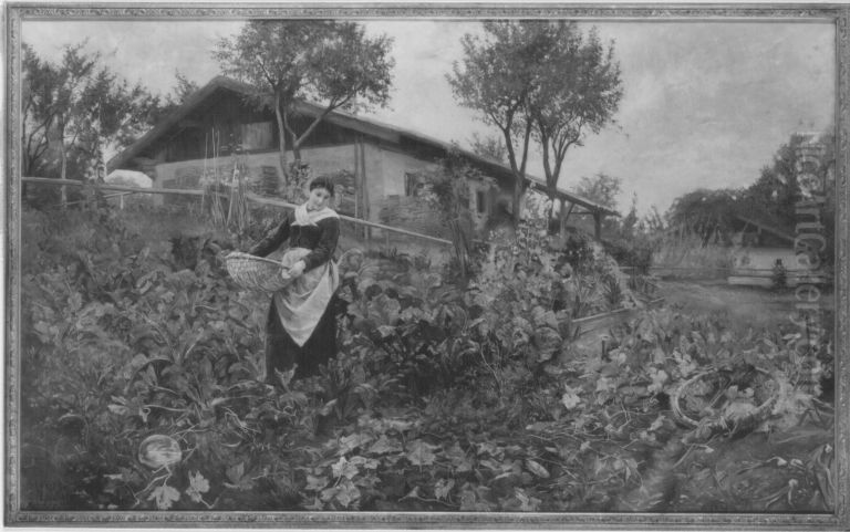 Bauerin im Gemusegarten Oil Painting by Christian Maximilian Baer