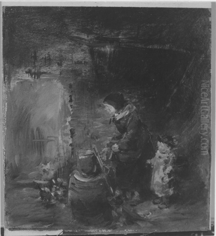 Frau und Kind in der Scheune Oil Painting by Wilhelm Busch