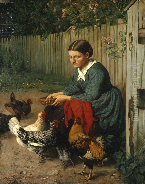 Girl feeding chicken Oil Painting by Hans Thoma