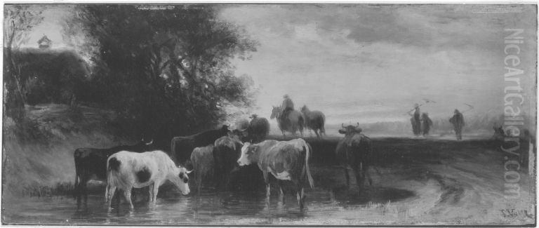 Kuhe an der Tranke Oil Painting by Friedrich Voltz