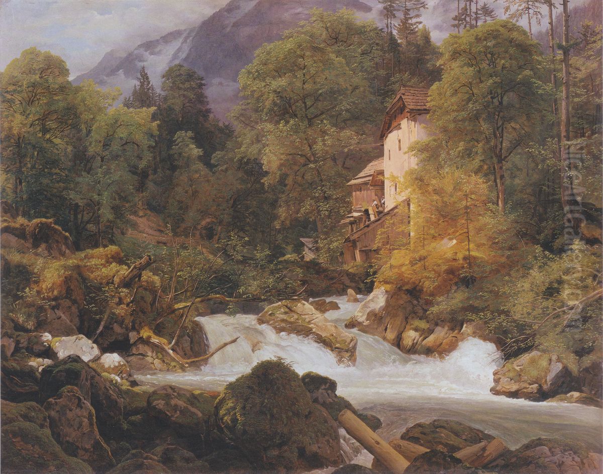 Muhle am Ausfluss des Konigssees Oil Painting by Ferdinand Georg Waldmuller