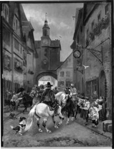 Abmarsch schwedischer Reiter aus Rothenburg ob der Tauber (Szene am Romerbogen)