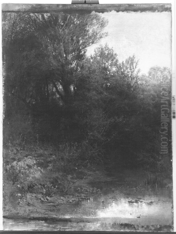 Baume und Gestrauch an einem Altwasser Oil Painting by Hermann Baisch