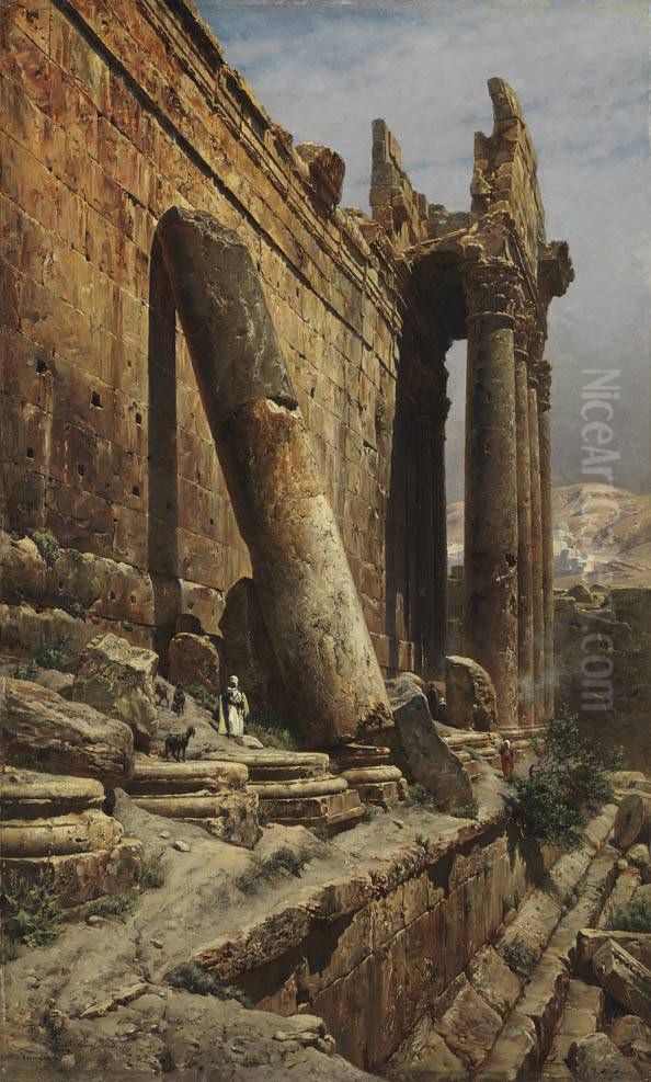 Die Tempelruine in Baalbek Oil Painting by Gustav Bauernfeind
