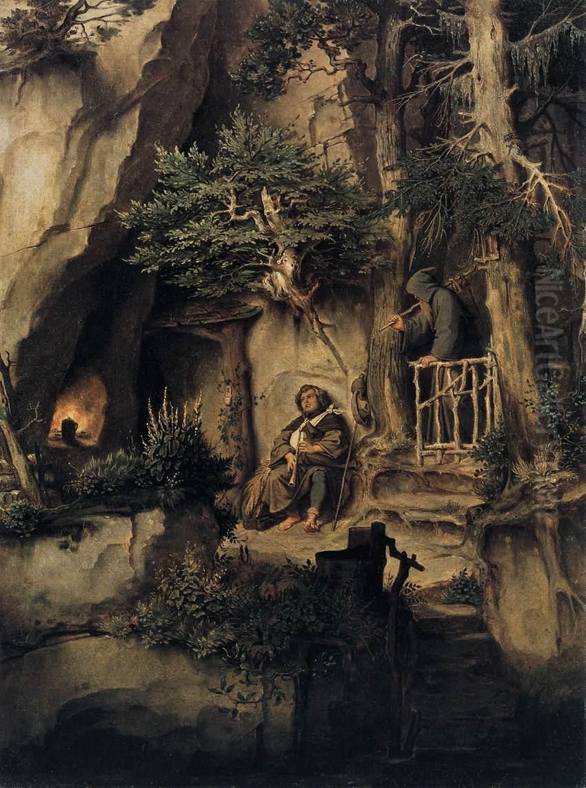 A Player with a Hermit Oil Painting by Moritz von Schwind