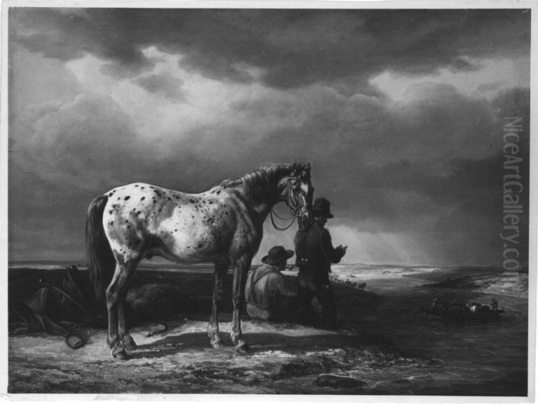 Geflecktes Fuhrpferd bei einer Fahre Oil Painting by Albrecht Adam