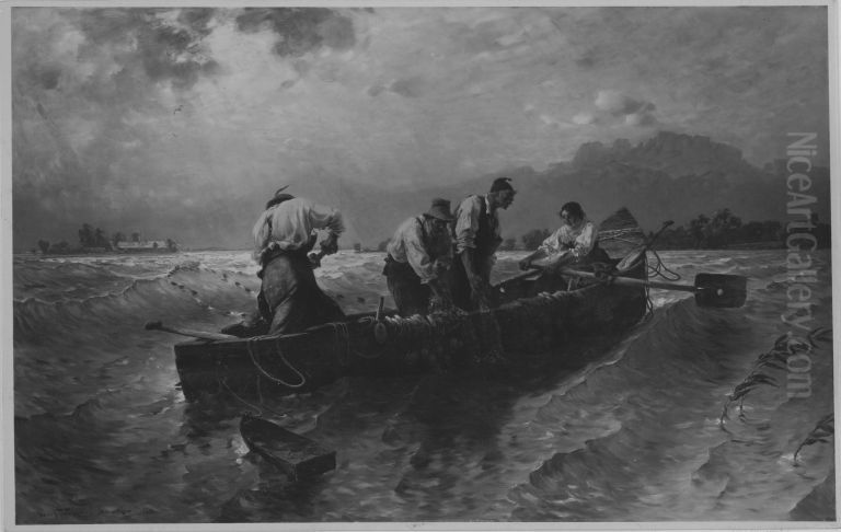 Fischzug am Chiemsee Oil Painting by Josef Wopfner