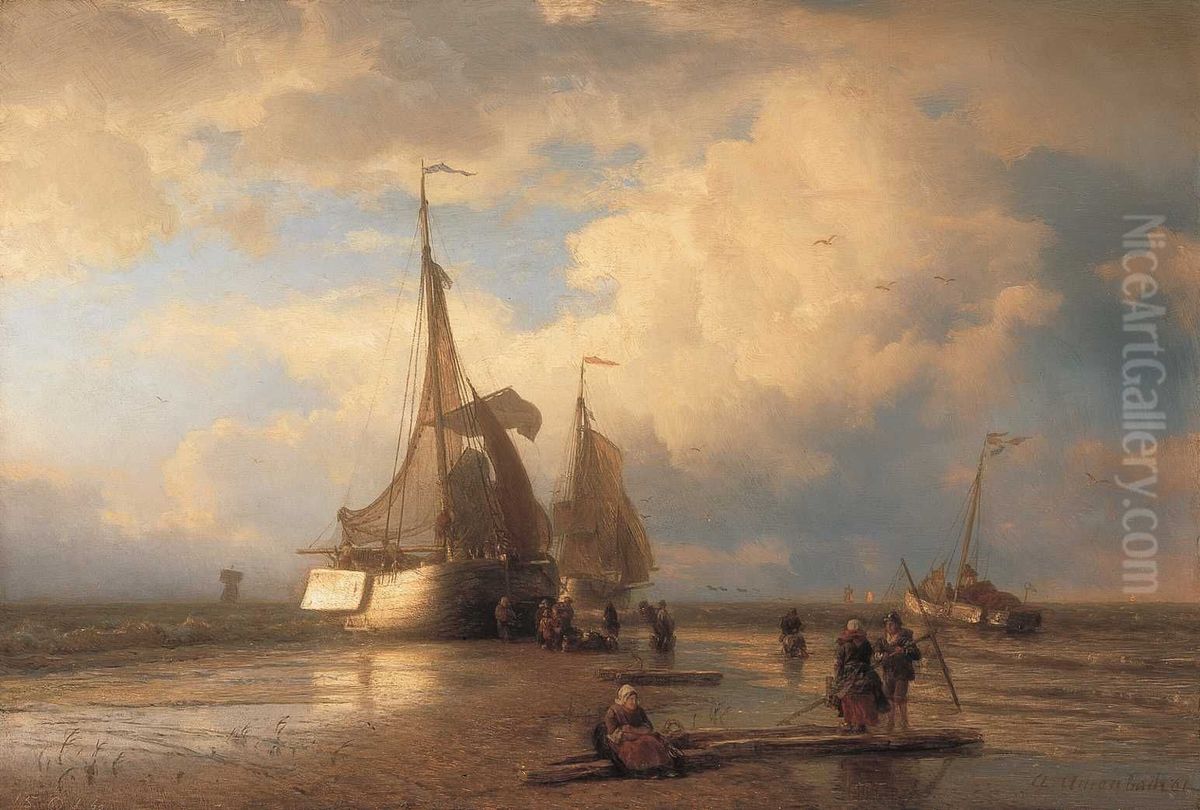 Strandbild mit Fischern Oil Painting by Andreas Achenbach