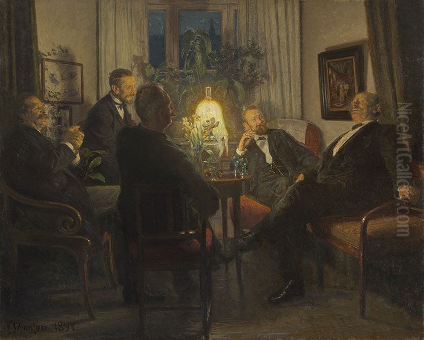 An evening with visiting friends Oil Painting by Viggo Johansen