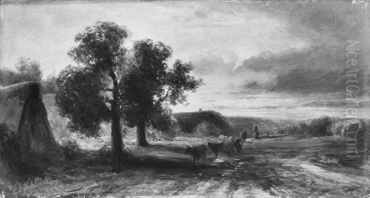 Zwei Bauernhauser unter Baumen mit vorbeiziehender Rinderherde Oil Painting by Eduard Schleich the Elder