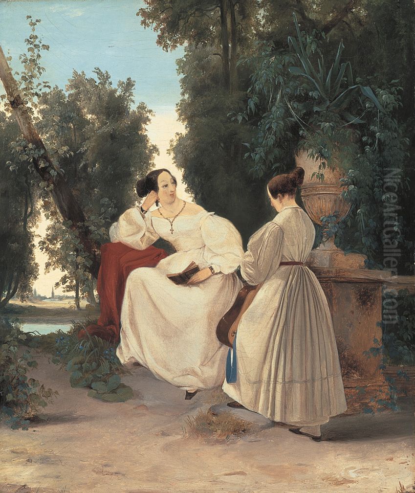 Two women in the park Oil Painting by Carl Blechen