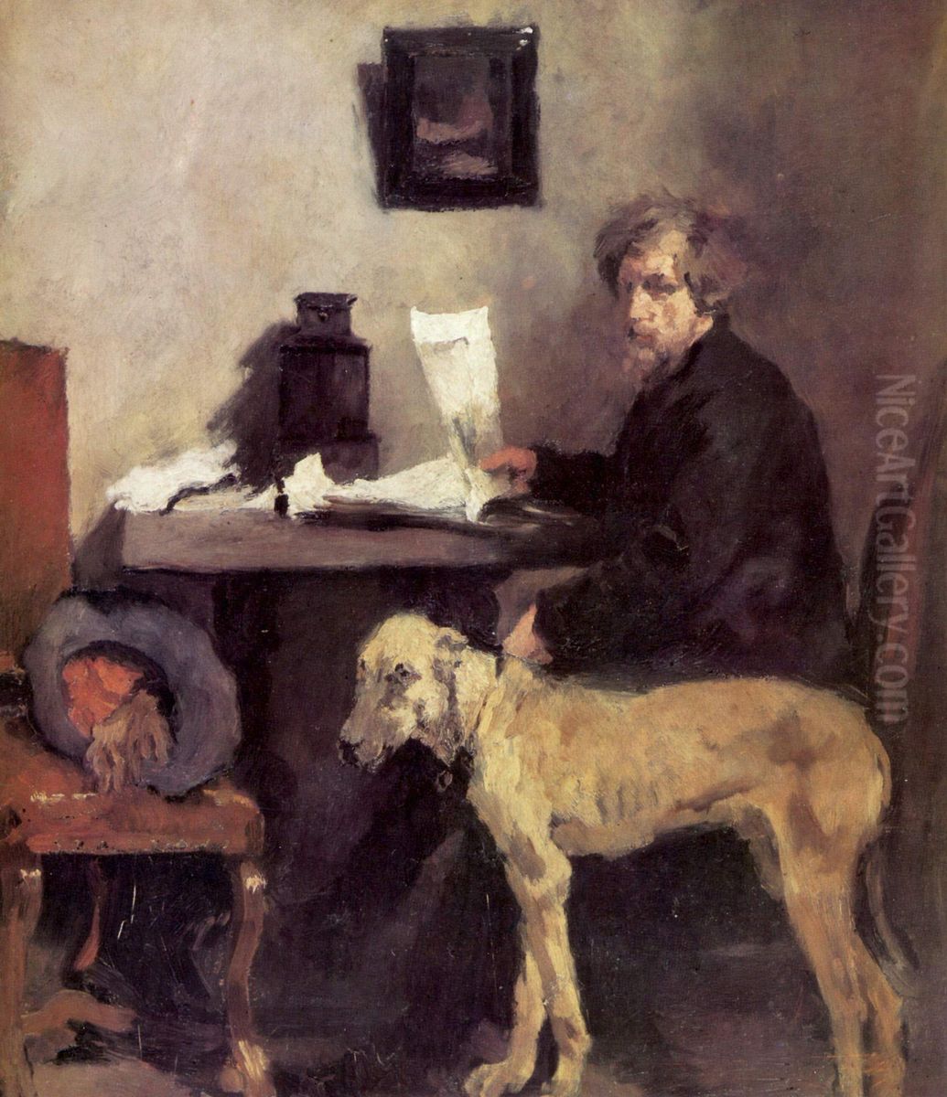 The Painter Sattler with dogge Oil Painting by Wilhelm Leibl