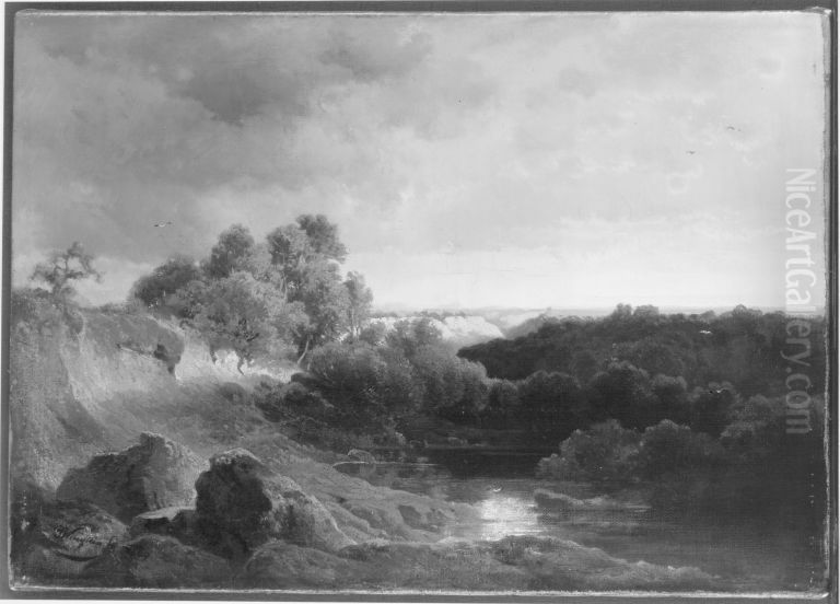 Die Amper bei Freising mit abziehendem Gewitter (Flusslandschaft im Voralpenraum bei abziehendem Gewitter) Oil Painting by Joseph Wenglein