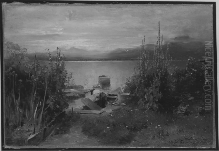 Fischerboote bei Frauenchiemsee Oil Painting by Josef Wopfner