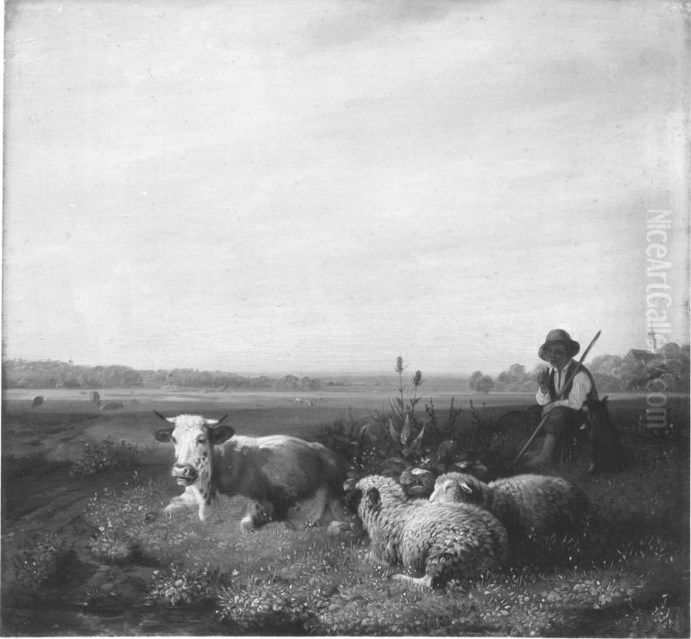 Hirtenjunge mit Kuh und Schafen auf der Weide Oil Painting by Sebastian Habenschaden