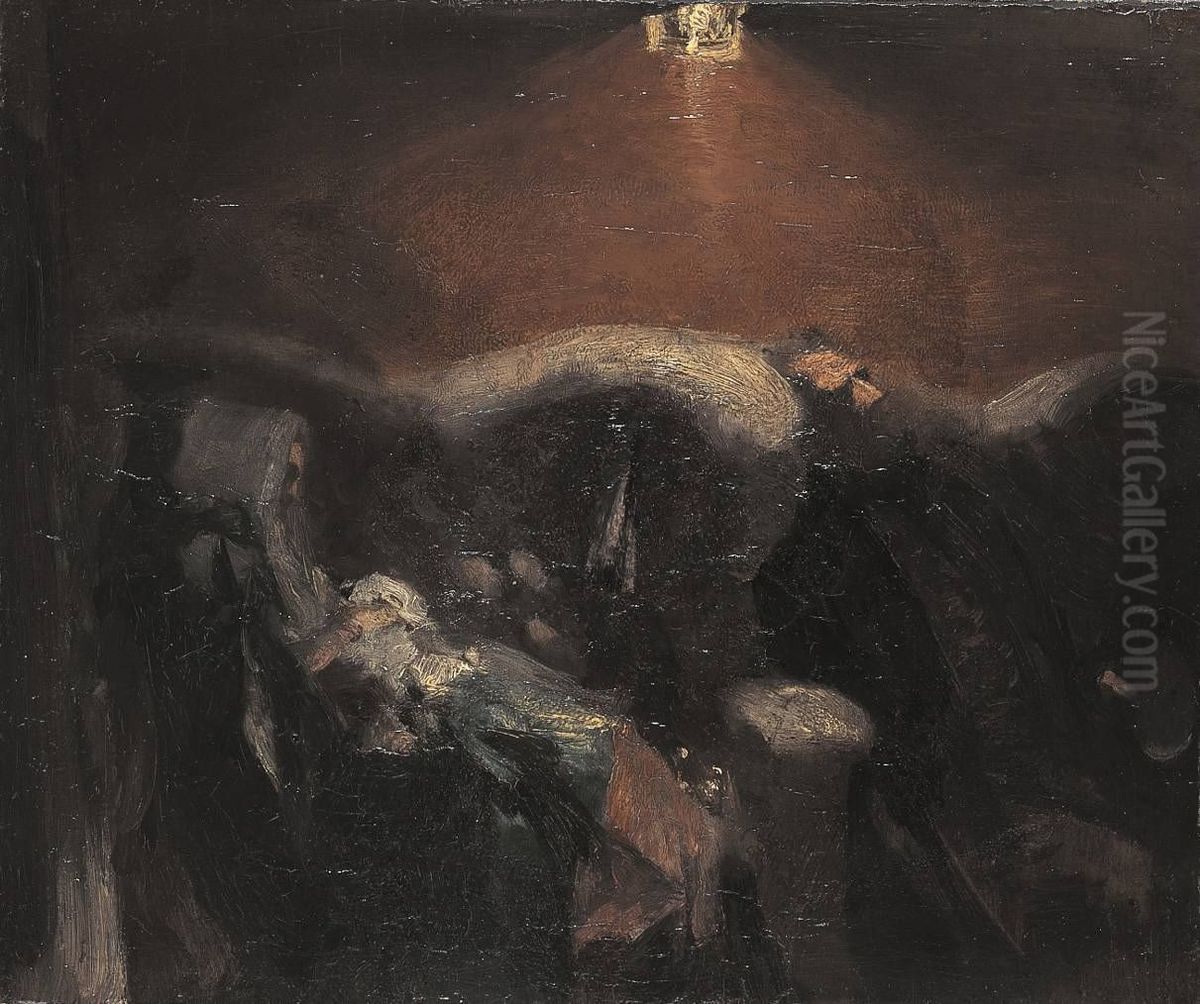 Im Eisenbahncoupe Oil Painting by Adolph von Menzel