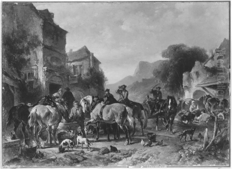 Vor dem Gasthof (Ruhende Reiter und Pferde) Oil Painting by Wouterus Verschuur