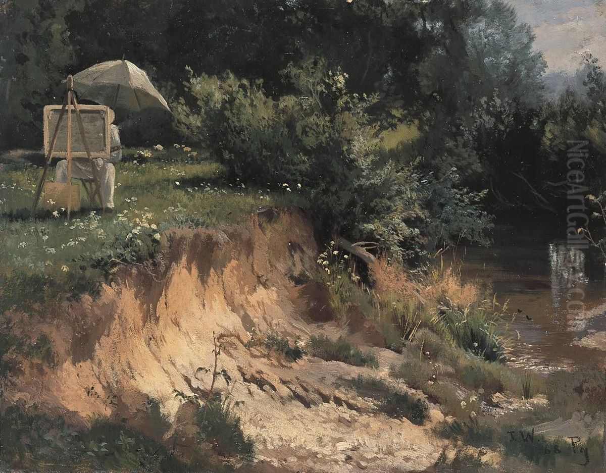 Adolf Lier beim Malen an der Kalter Oil Painting by Joseph Wenglein