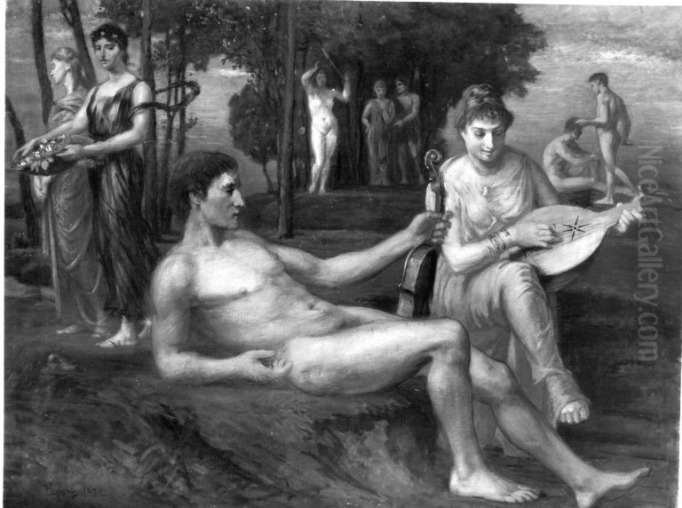 Die Musik (Arkadische Szene) Oil Painting by Albert Lang