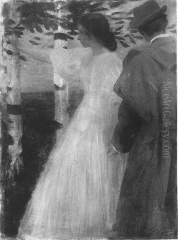 Ein Sommerabend (Dame und Herr unter Birken) Oil Painting by Ludwig Von Herterich