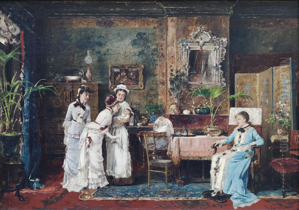 Visite d'une jeune mere Oil Painting by Mihaly Munkacsy