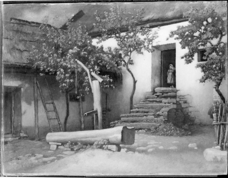 Landhaus mit Brunnen (Gorbio an der Riviera) Oil Painting by Carl Freiherr von Pidoll zu Quintenbach