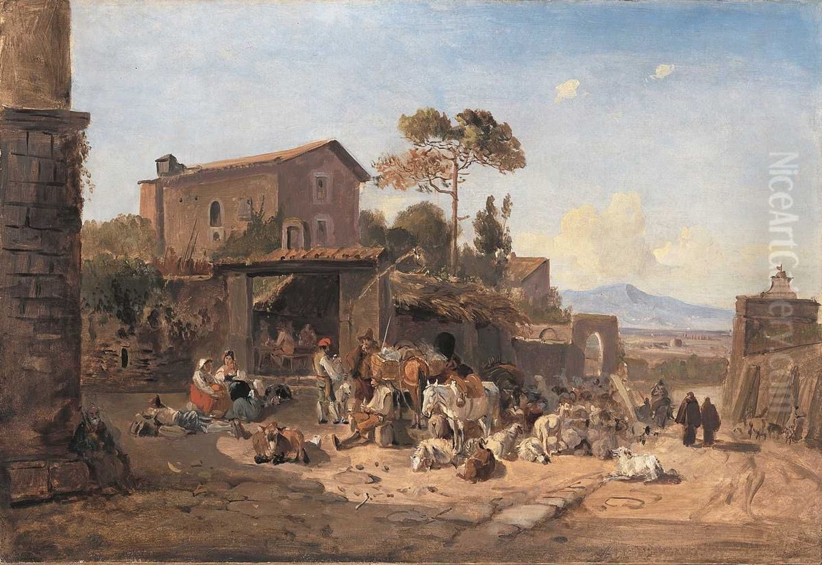 Trattoria bei der Porta San Sebastiano vor Rom Oil Painting by Heinrich Burkel