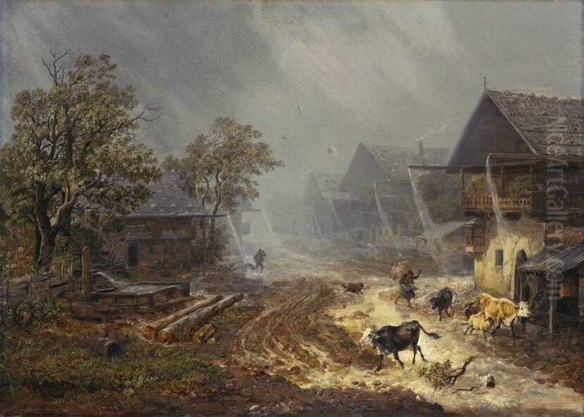Regenschauer in Partenkirchen Oil Painting by Heinrich Burkel