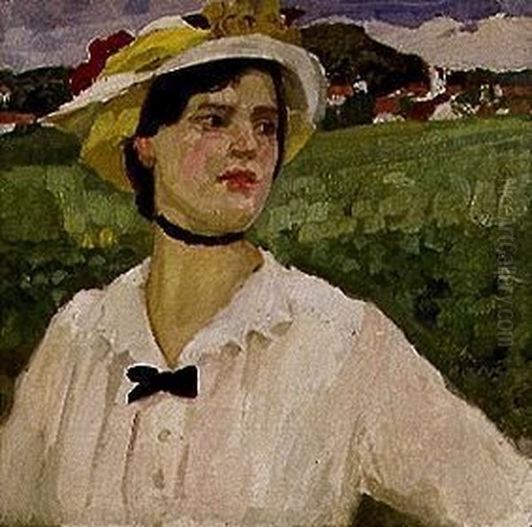 Madchen mit Hut bei Wessling Oil Painting by Reinhold Max Eichler