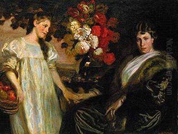 Frau und Tochter des Architekten Max Littmann Oil Painting by Ludwig Von Herterich