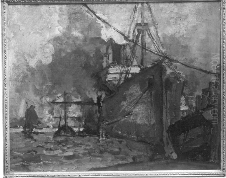 Rotes Schiff im Hafen Oil Painting by Theodor Hummel