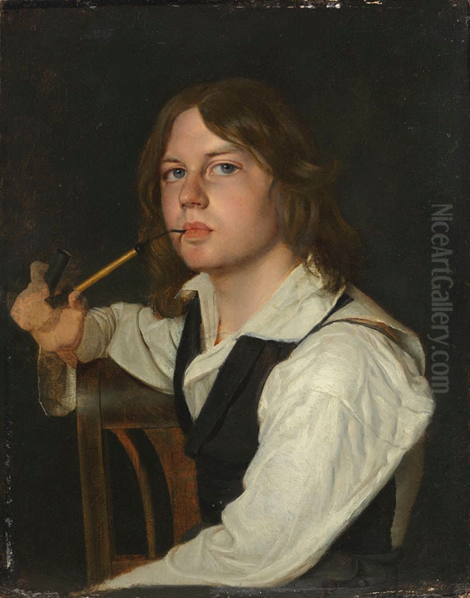 Selbstbildnis mit Pfeife Oil Painting by Wilhelm Lindenschmit the Elder