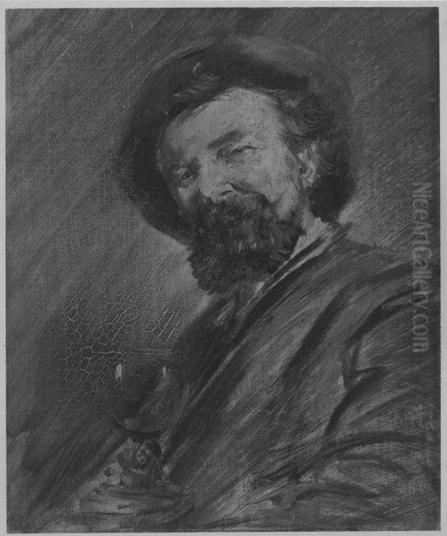 Selbstbildnis mit Weinglas Oil Painting by Wilhelm Busch