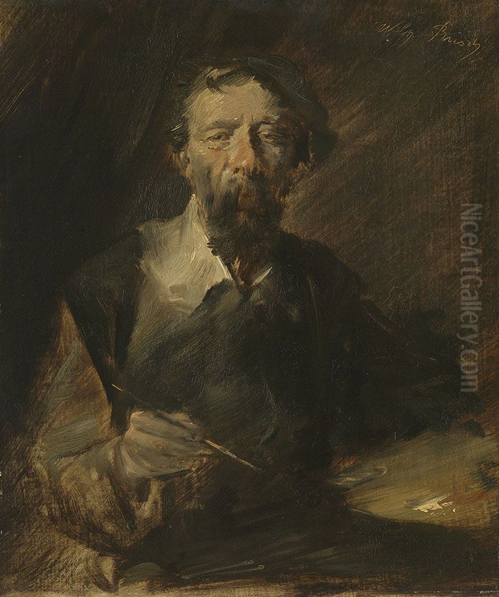 Selbstbildnis mit Palette Oil Painting by Wilhelm Busch