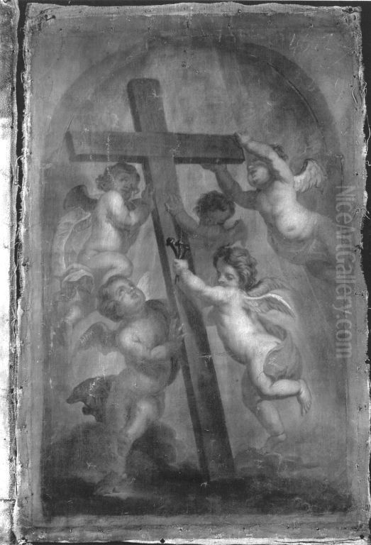 Die Verehrung des Hl. Kreuzes durch funf Engel Oil Painting by Oswald Onghers