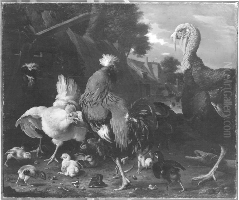 Huhnerhof Oil Painting by Melchior D'Hondecoeter