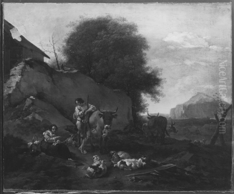 Landscape with cattle and shepherds Oil Painting by Abraham Begeyn
