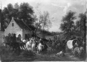 Soldaten ziehen durch ein Dorf