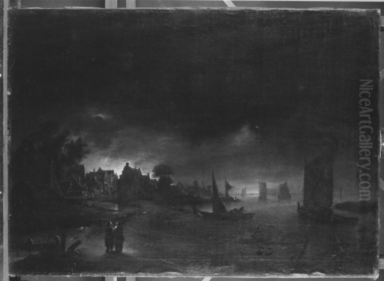 Stadt am Ufer im Mondschein Oil Painting by Christian Wilhelm Ernst Dietrich