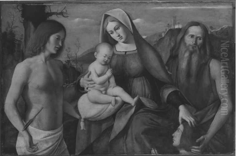 Maria mit Kind, den hll. Hieronymus, Sebastian und einem Stifter Oil Painting by Marco Basaiti