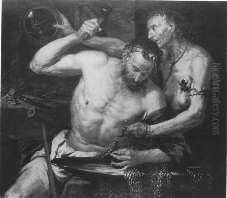 Vulcan forges the net for Venus and Mars Oil Painting by Giovan Battista Langetti