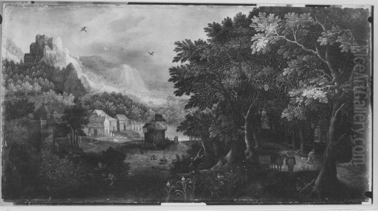 Gebirgslandschaft mit Waldweg Oil Painting by Gillis van Coninxloo